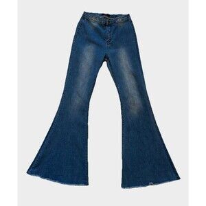 Blue B Jeans Mid-Rise Y2K Flare Bell Bottoms Denim 70s Retro Raw Hem